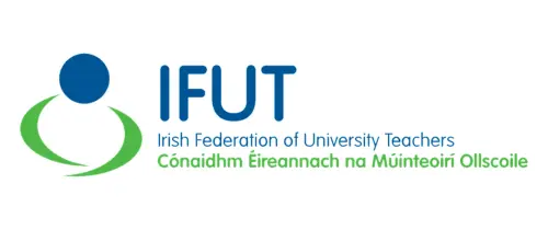 IFUT logo: blue circle above a green curved shape forming a person, with the text 'IFUT' and 'Irish Federation of University Teachers' and the Irish translation underneath.
