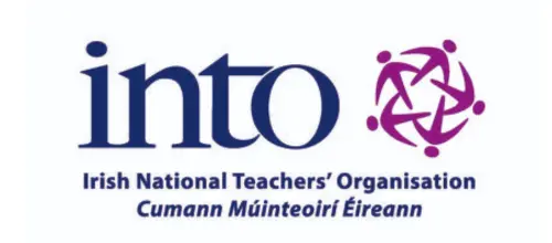 Logo for INTO, the Irish National Teachers' Organisation, featuring the blue 'into' wordmark and a purple circular emblem with the Irish subtitle 'Cumann Muinteoiri Éireann'
