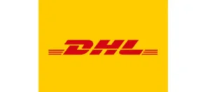 DHL logo in red on a bright yellow background.