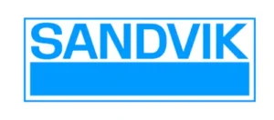 Sandvik logo: blue word 'SANDVIK' above a blue rectangular bar on a white background.